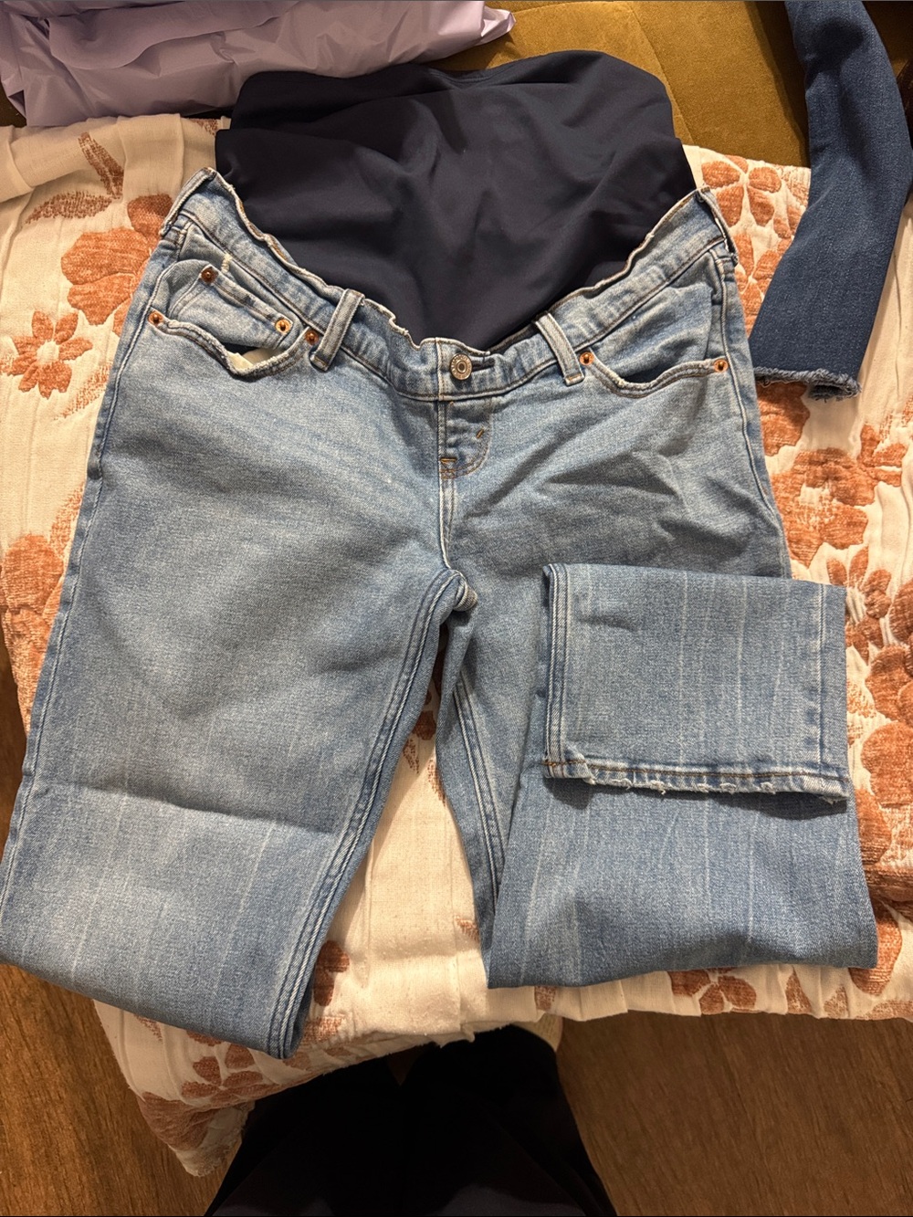 Abercrombie & Fitch Light Blue Straight Leg Maternity Jeans with Navy Panel